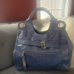 Foley + Corinna Blue Leather Croc Embossed Tote